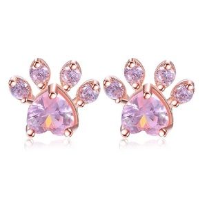 Rose Gold Pink CZ Paw Print Stud Earrings